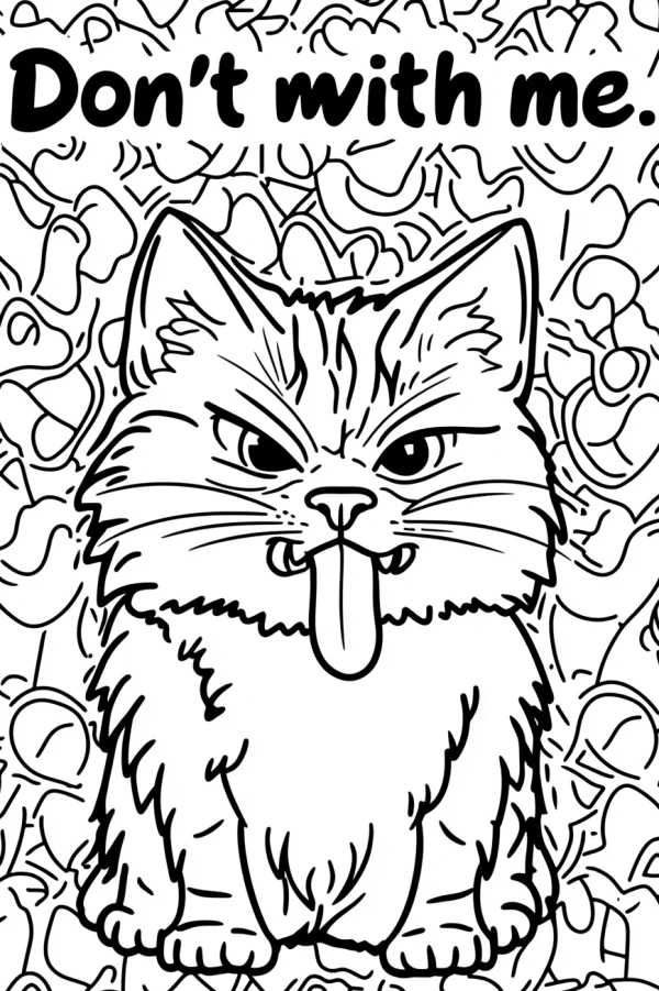 Grumpy playful cat sticking out tongue and showing fangs, cartoon style — free printable quirky coloring book page