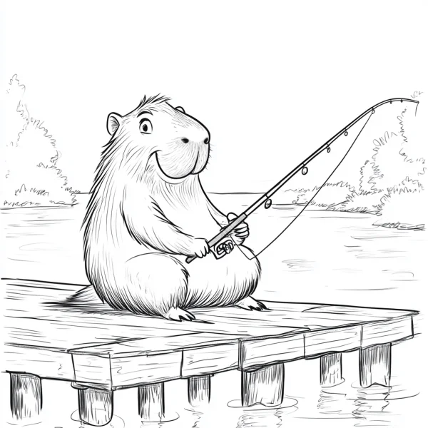 Capybara fishing, cartoon style — free printable fishing coloring book page