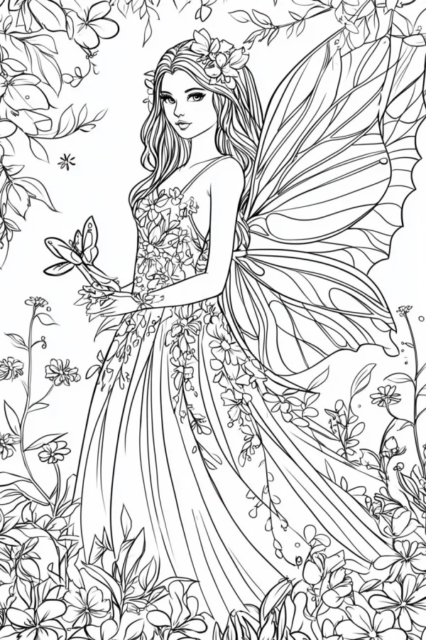 Fairy surrounded by flowers and vines, butterfly wings — free coloring book page