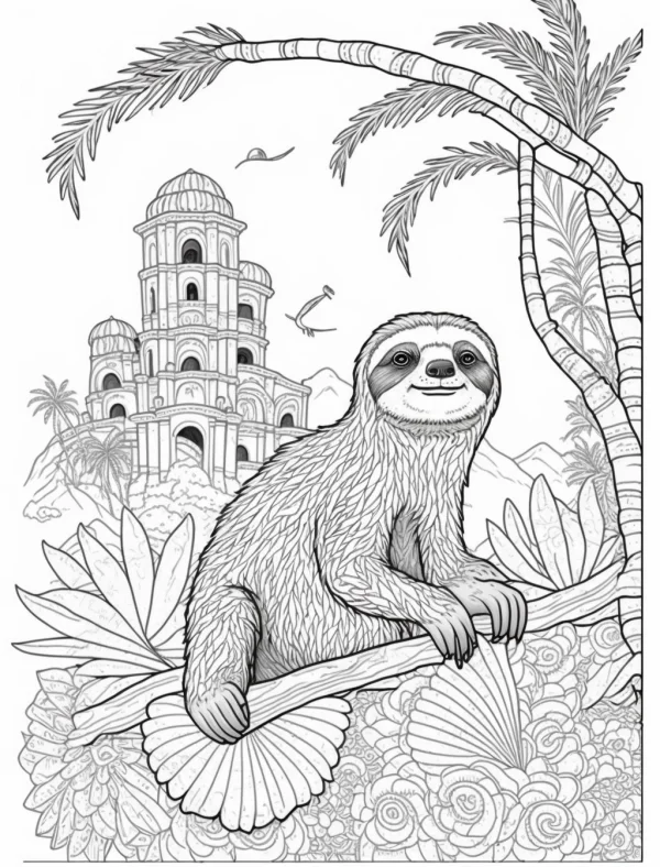Smiling sloth sitting on palm tree branch, realistic line art style — free printable tropical rainforest coloring book page