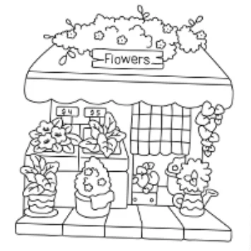 Flower shop with various potted plants and flowers, cartoon style — free printable shops coloring book page