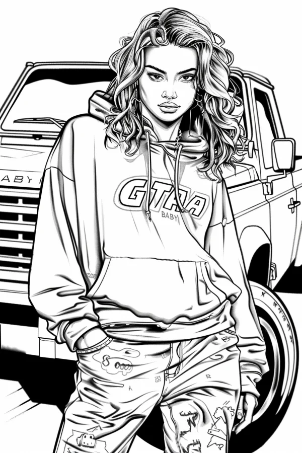 Street-style fashion girl with curly hair wearing oversized hoodie and ripped jeans, standing in front of a vintage truck — free printable street coloring book page
