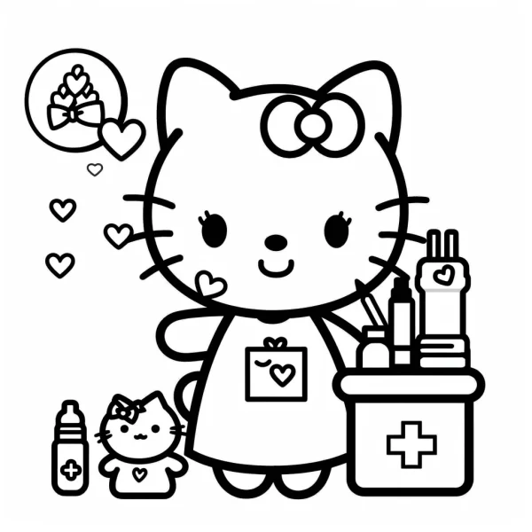 Nurse hello kitty with small hello kitty, cartoon style — free printable parent-child coloring book page
