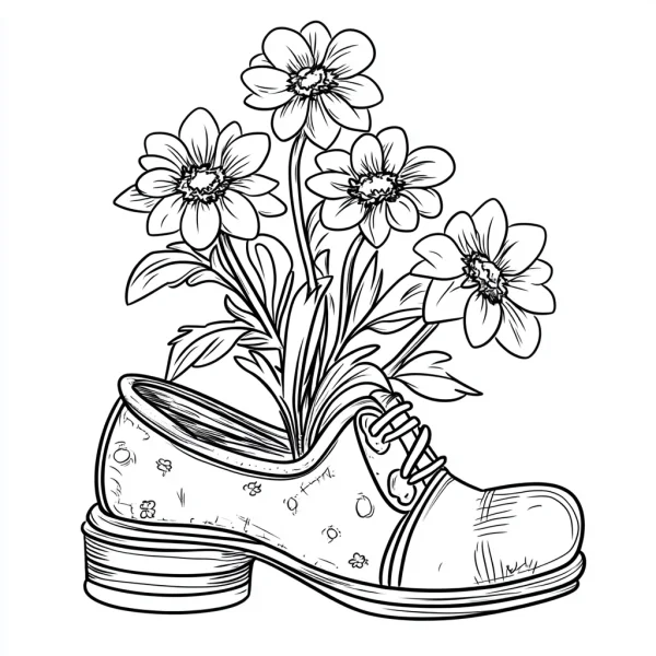Flowers growing in an old leather shoe, sketch style — free printable handmade diy coloring book page