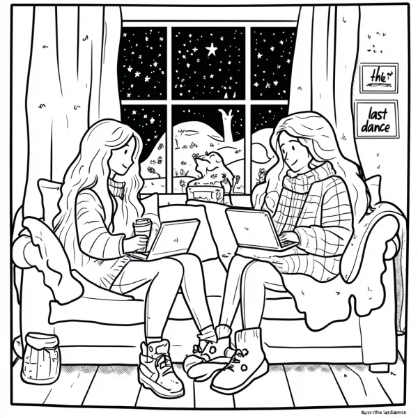 Two girls using laptops on sofa in cozy living room, cartoon style — free printable night coloring book page