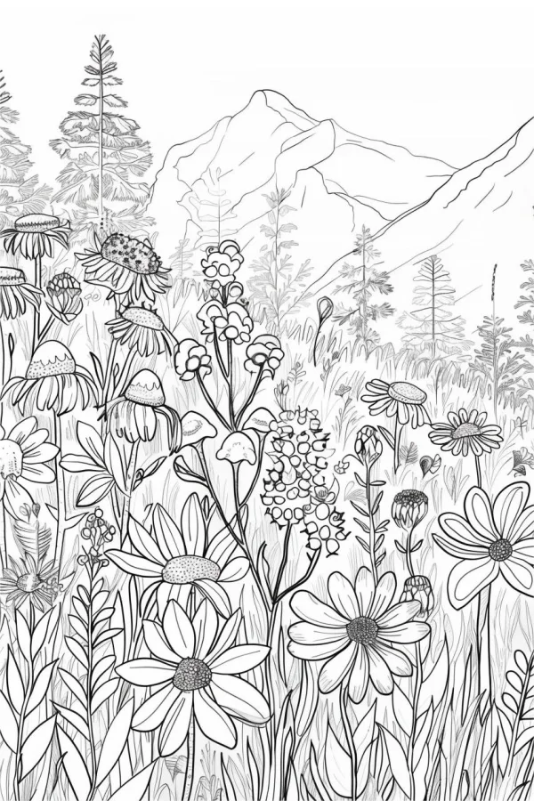 Wild flowers and mountain forest landscape, realistic illustration style — free printable flower season coloring book page