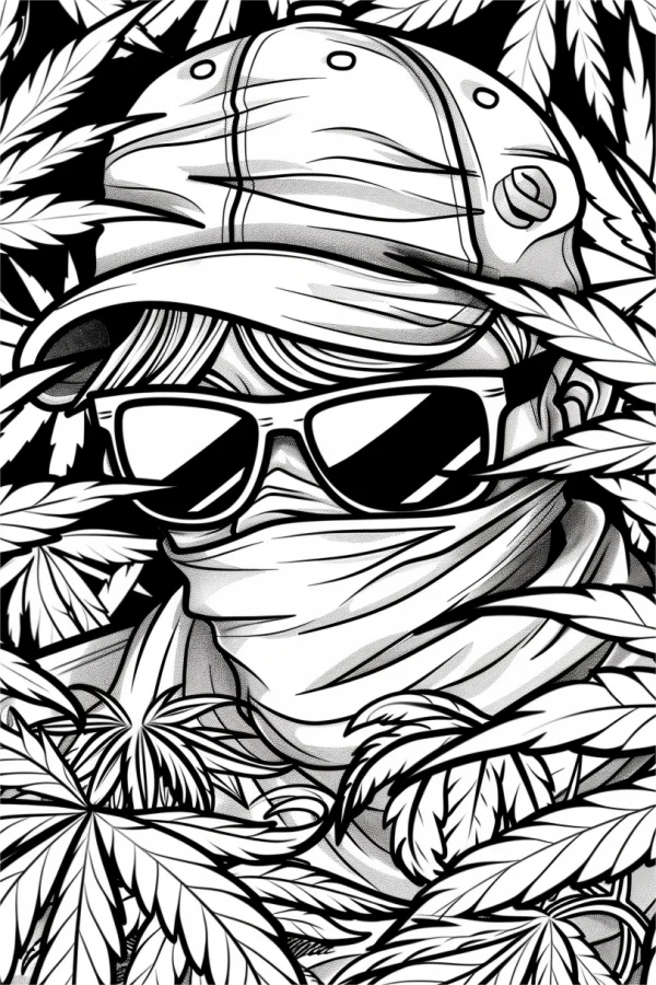 Trendy masked figure wearing baseball cap and sunglasses, surrounded by cannabis leaves — free printable street fashion coloring book page