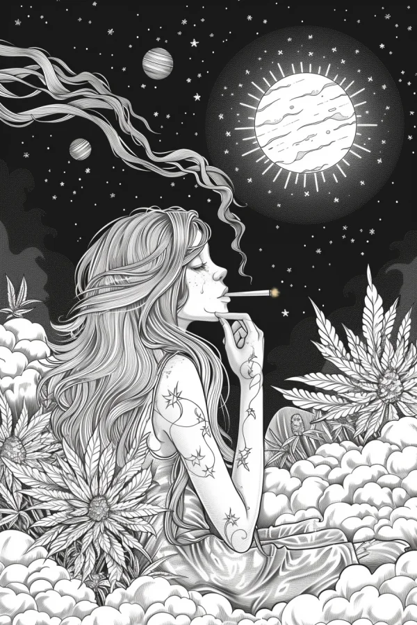 Of a long-haired girl smoking marijuana, psychedelic art style — free printable psychedelic coloring book page