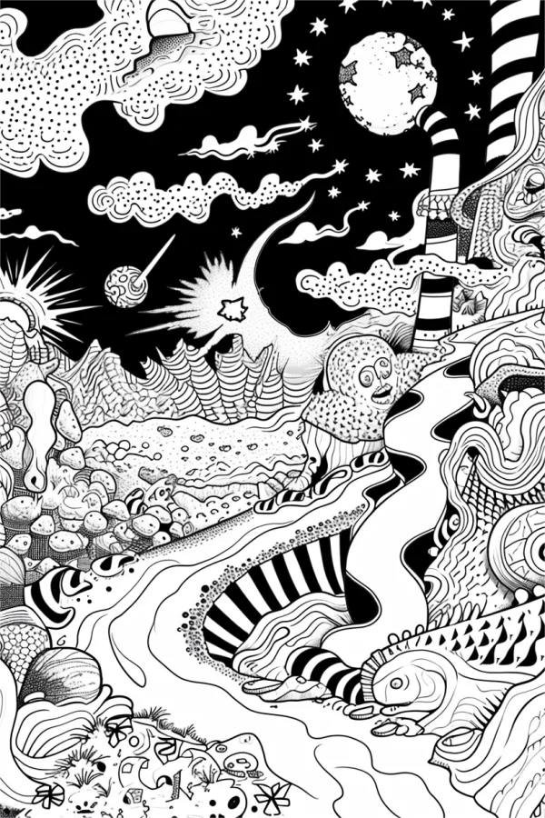 Fantasy alien world with strange humanoid and fish-like creatures, surreal hand-drawn style — free printable dreams coloring book page