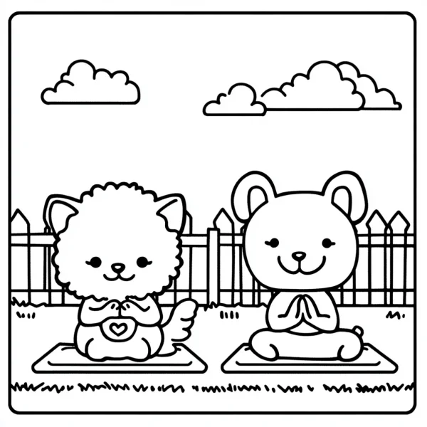 Cute cat and bear doing yoga, cartoon style — free printable fitness coloring book page