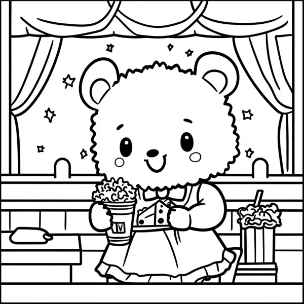 Cute bear holding popcorn, cartoon style — free printable entertainment coloring book page