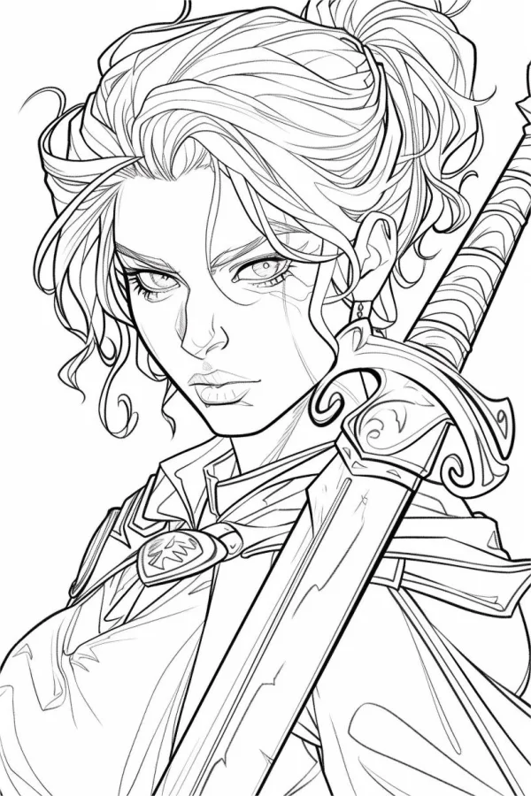 Female knight with sword, anime style — free printable knight coloring book page