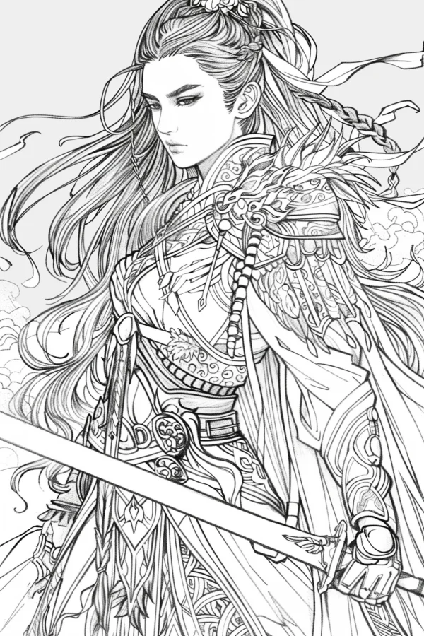 Chinese style swordsman with long flowing hair, wearing intricate ancient armor with ornate patterns — free printable martial arts coloring book page