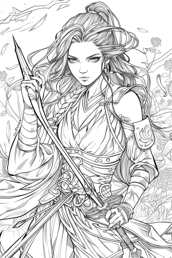 Coloring book page, sword-wielding martial arts girl — free printable martial arts coloring book page