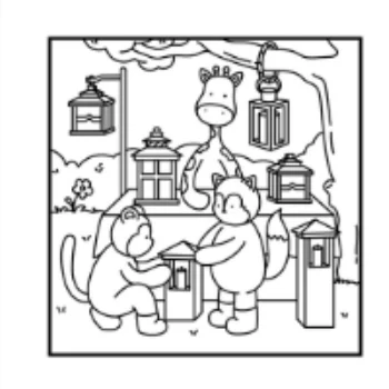 Cute gathering animals (monkey, bear-like creature — free printable spring festival coloring book page
