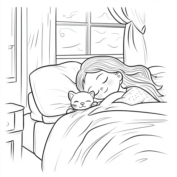 Girl sleeping with a cat in bed, cartoon style — free printable cats coloring book page