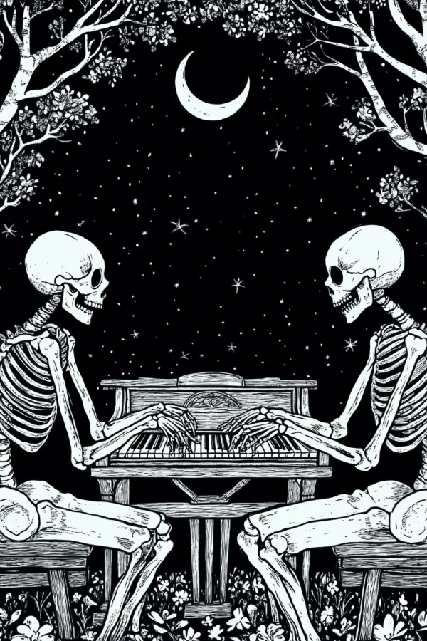 Two skeletons playing piano face to face, gothic horror style — free printable night coloring book page