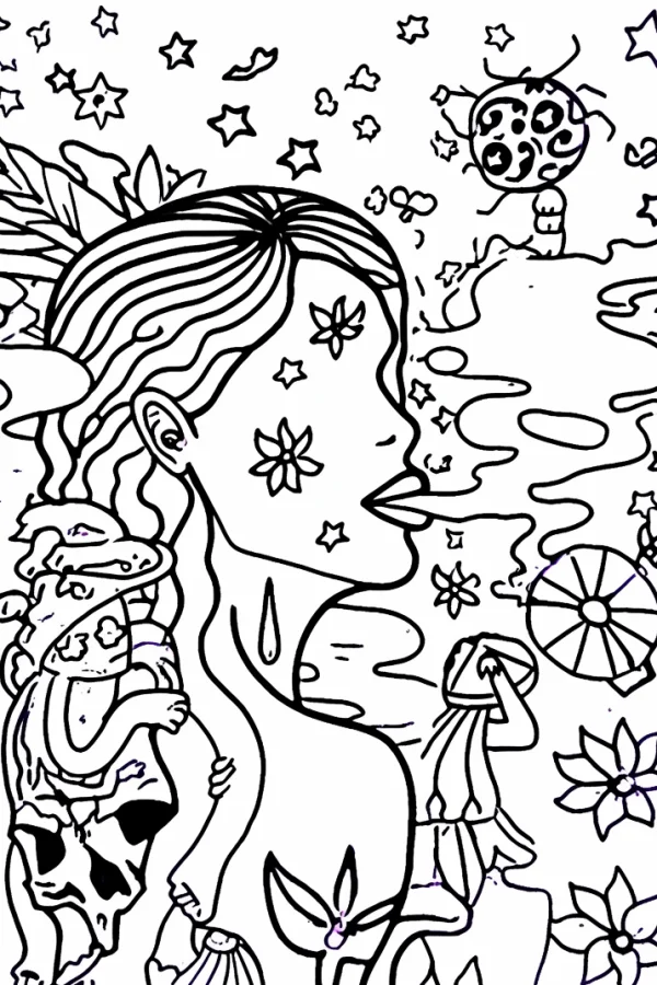 Fantasy patterned woman with skull, dark surreal fantasy style — free printable dreams coloring book page