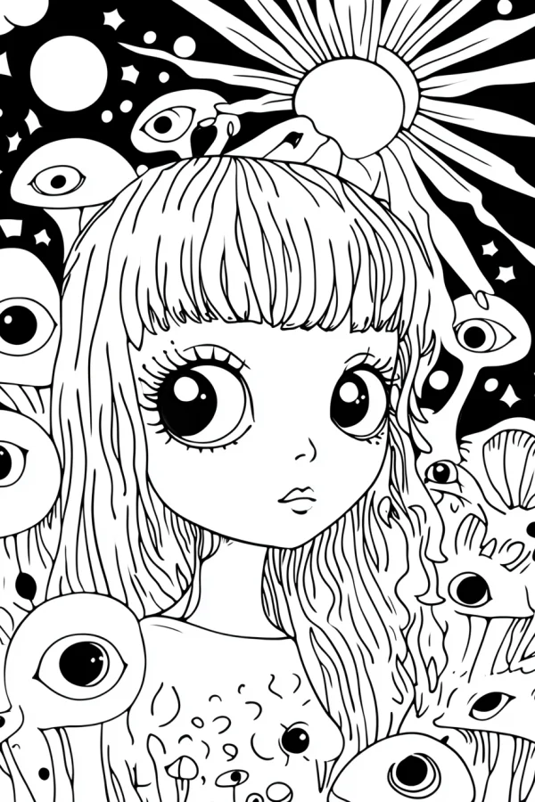 Big-eyed cute fantasy girl surrounded by surreal eye creatures, cartoon and surreal art style — free printable surreal coloring book page