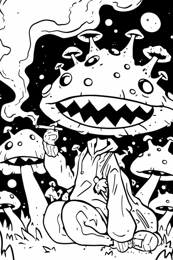 Faceless figure sitting with giant mushroom monster, cartoon style — free printable dreams coloring book page