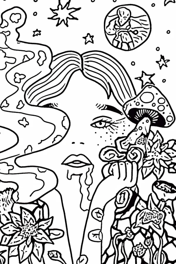 Psychedelic fantasy girl with star-topped mushroom and flowers, hand-drawn illustration style — free printable dreams coloring book page