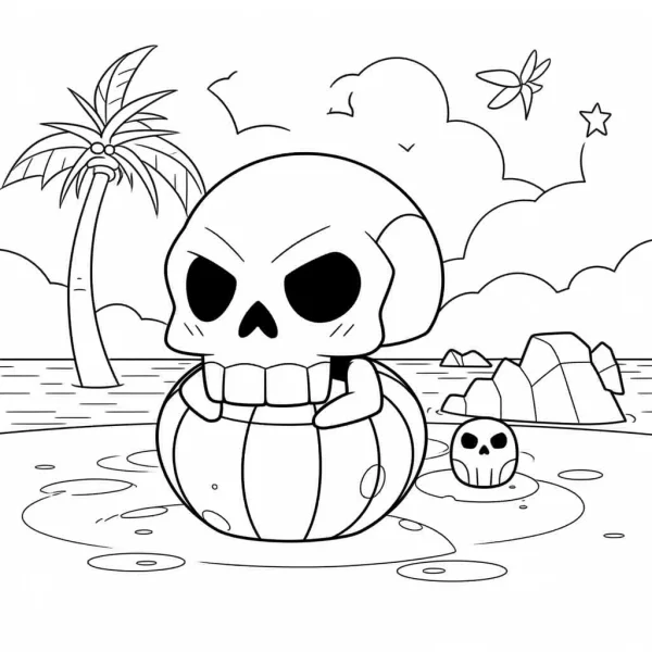 Cartoon skull in inflatable ring on beach, cartoon style — free printable beach holiday coloring book page