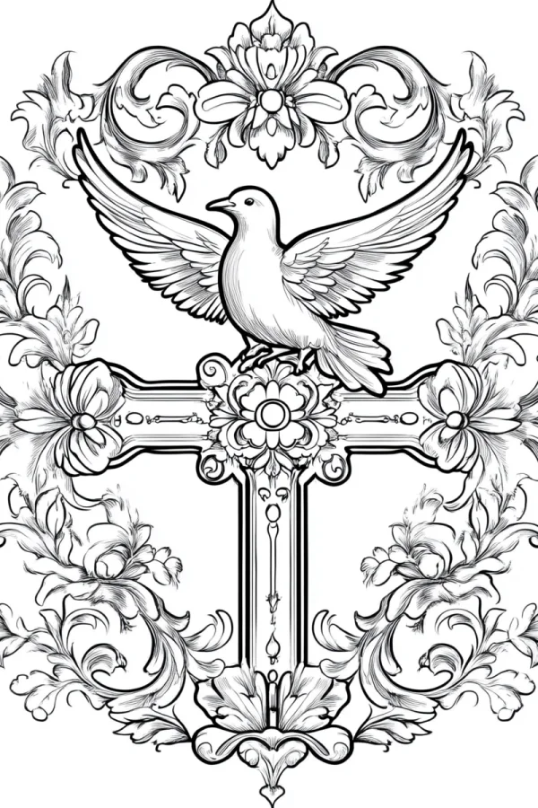 Peace dove perched on baroque-style cross, surrounded by intricate baroque floral scroll patterns — free printable baroque coloring book page