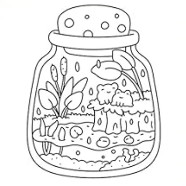 Glass jar with cute frogs and aquatic plants inside, cartoon style — free printable miniature landscape coloring book page