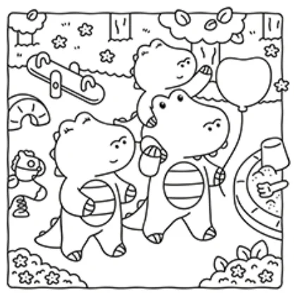 Cute playing cartoon baby dinosaurs, cartoon style — free printable children's life coloring book page