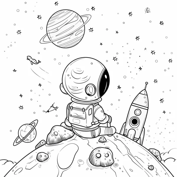 Astronaut sitting on a planet, cartoon style — free printable astronaut coloring book page