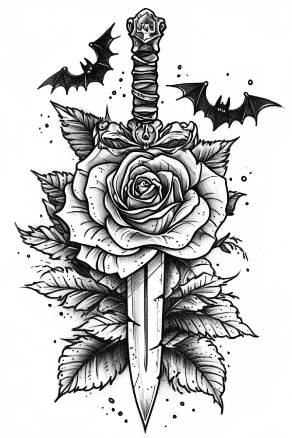 Gothic style dagger piercing through a detailed rose with leaves, two flying bats around — free printable goth culture coloring book page