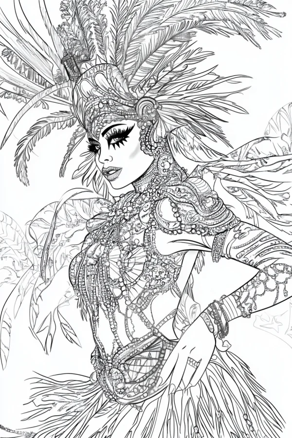 Glamorous carnival dancer, latin american carnival style — free printable carnival coloring book page
