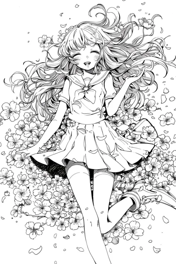 Anime girl lying in cherry blossoms, cartoon anime style — free printable flower season coloring book page
