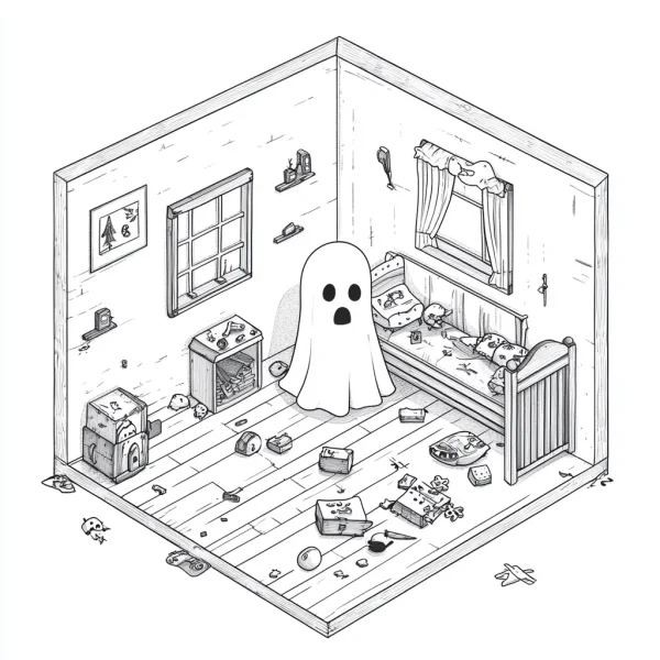 Cute ghost in isometric children's room, cartoon style — free printable children's life coloring book page