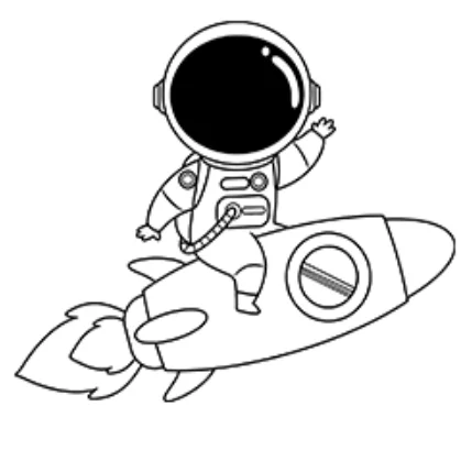 Cartoon astronaut riding a rocket, sci-fi space theme — free printable astronaut coloring book page