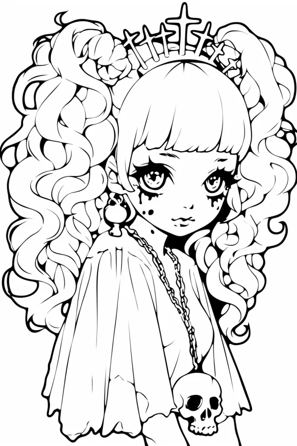 Gothic girl with curly pigtails, cross headpiece — free printable goth culture coloring book page
