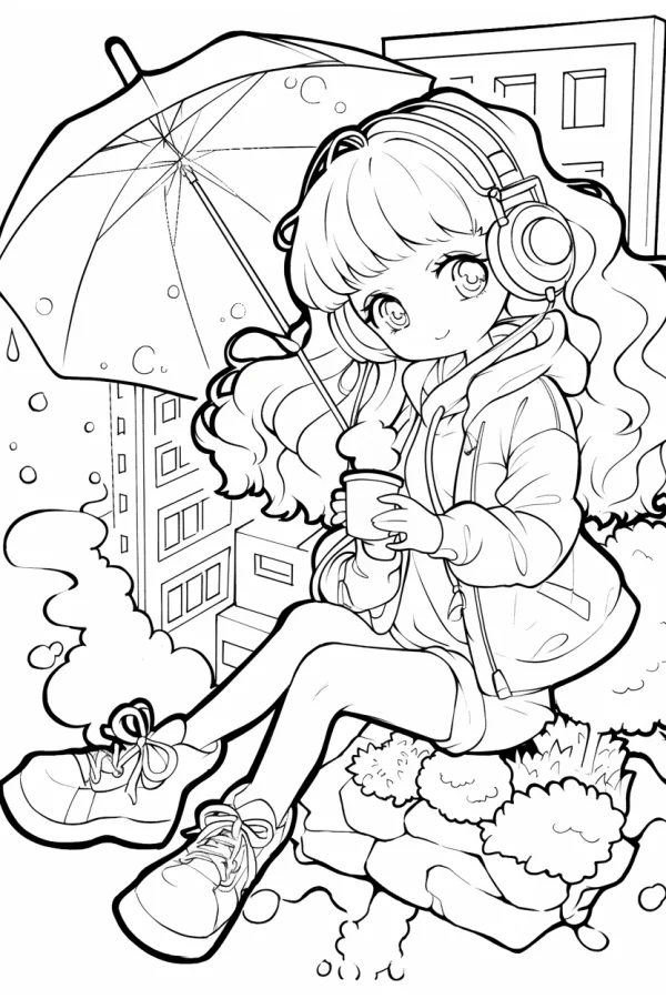 Cute cartoon girl wearing headphones holding an umbrella and coffee cup, sitting on rocks in urban rainy scene — free printable urban daily coloring book page