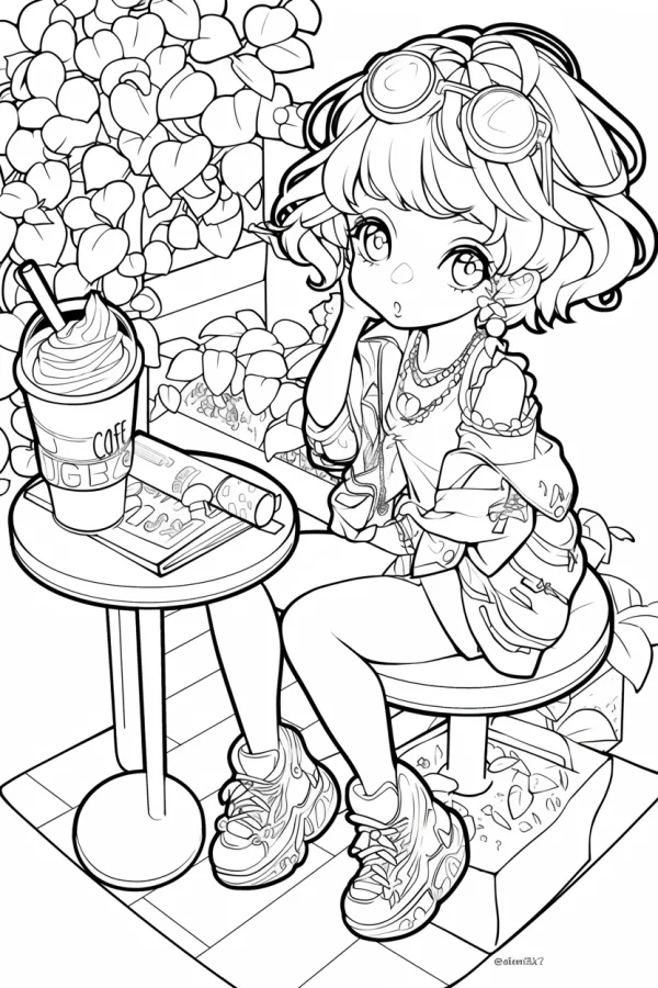 Cute stylish anime girl sitting at outdoor café, wearing head-mounted goggles and sneakers — free printable daily leisure coloring book page