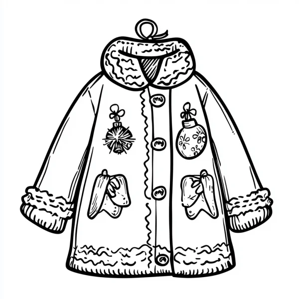 Christmas decorated coat with plush trim, cartoon style — free printable clothing coloring book page