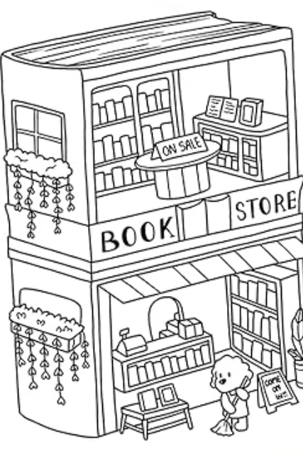 Cartoon bear sweeping in a cozy book store, cartoon style — free printable bookstore coloring book page