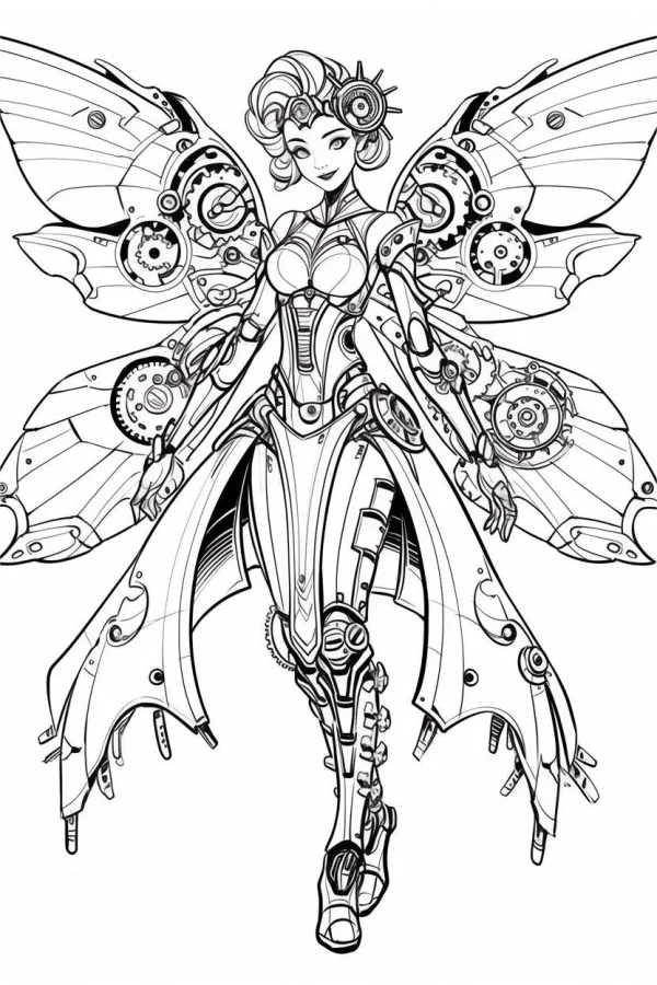 Steampunk mechanical fairy, steampunk art style — free printable fairy coloring book page