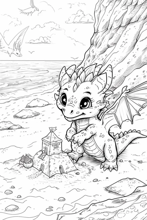Cartoon baby dragon on beach, cartoon fantasy style — free printable play coloring book page