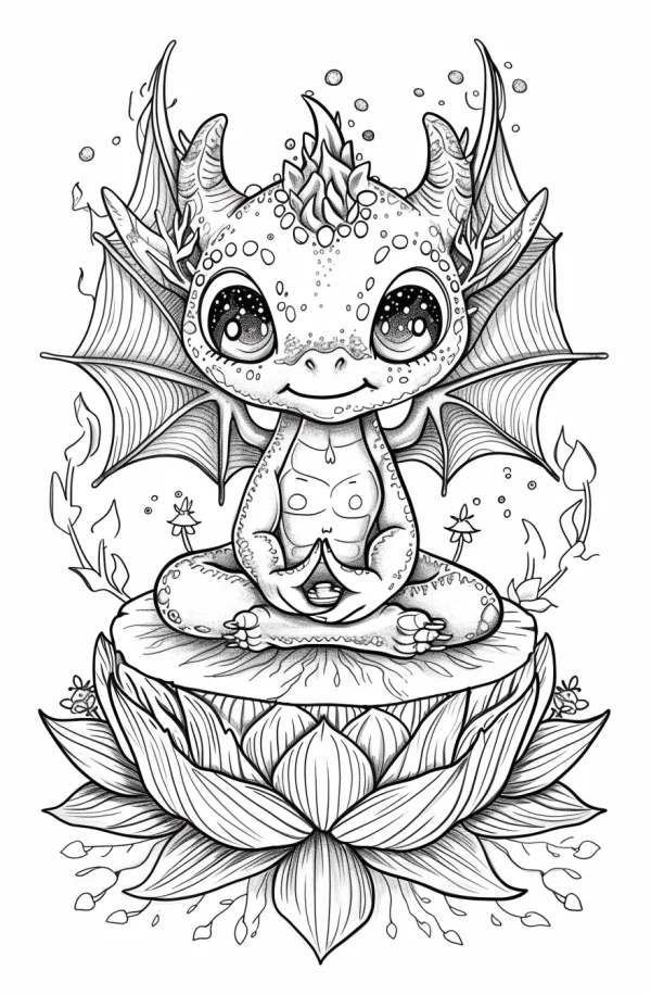 Cute cartoon dragon doing yoga, sitting on a large lotus flower — free printable yoga coloring book page