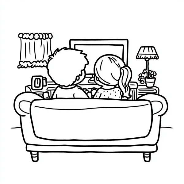 Two children sitting on sofa watching tv, cartoon style — free printable entertainment coloring book page