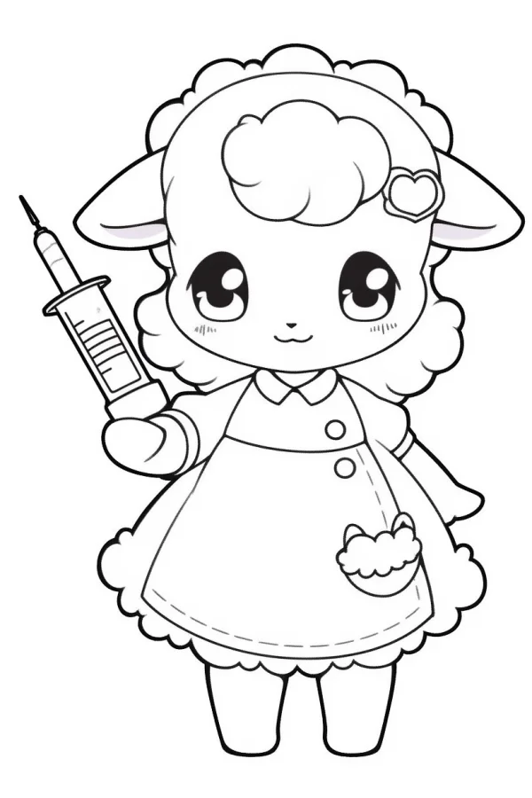 Cute cartoon sheep nurse, cartoon style — free printable nurse coloring book page