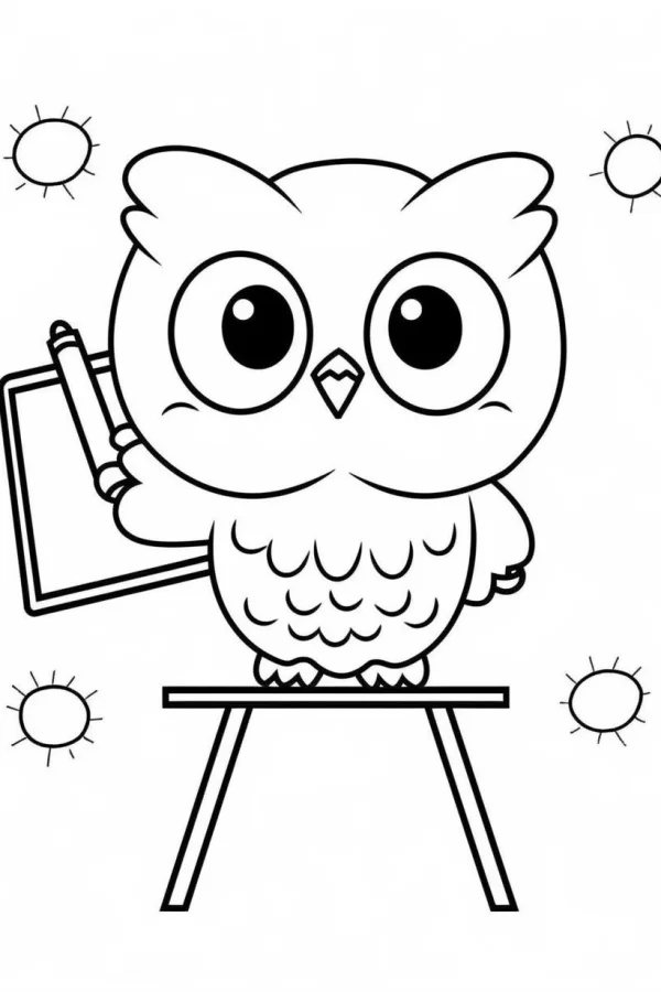 Cute cartoon owl teacher standing on a podium holding a drawing board and brush, cartoon style — free printable teacher coloring book page