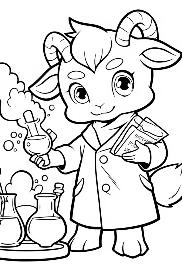 Anthropomorphic goat scientist, cartoon style — free printable science experiments coloring book page
