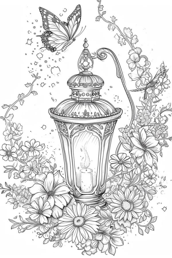 Vintage oil lantern surrounded by various flowers and a butterfly, retro style — free printable cultural theme coloring book page