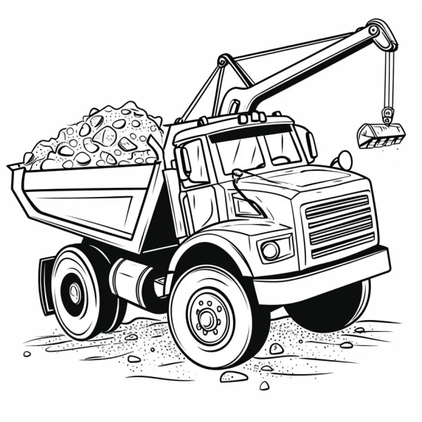 Dump truck with crane arm loaded with rocks, cartoon style — free printable construction vehicle coloring book page