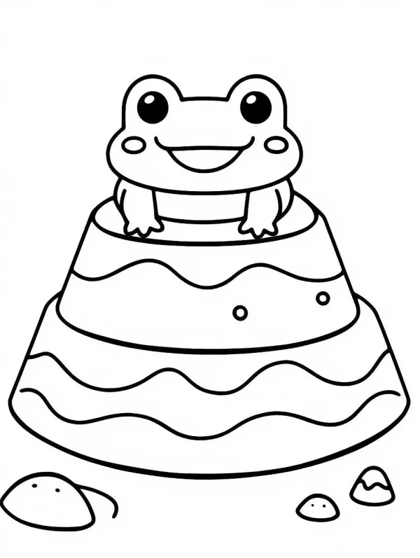 Cute cartoon frog sitting on a sandcastle, cartoon style — free printable children's life coloring book page